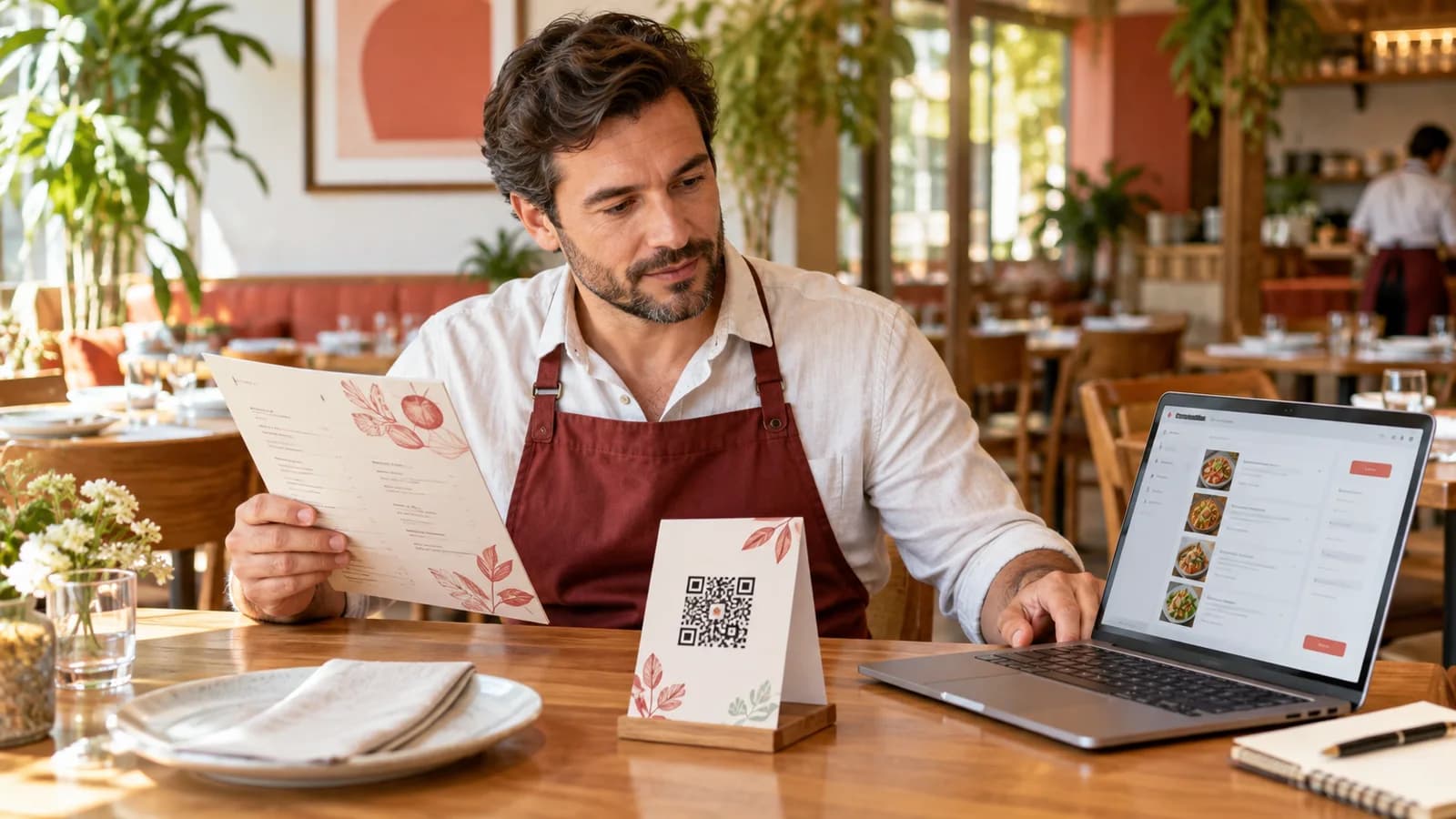 Dono de restaurante compara cardápio impresso, QR Code e painel digital
