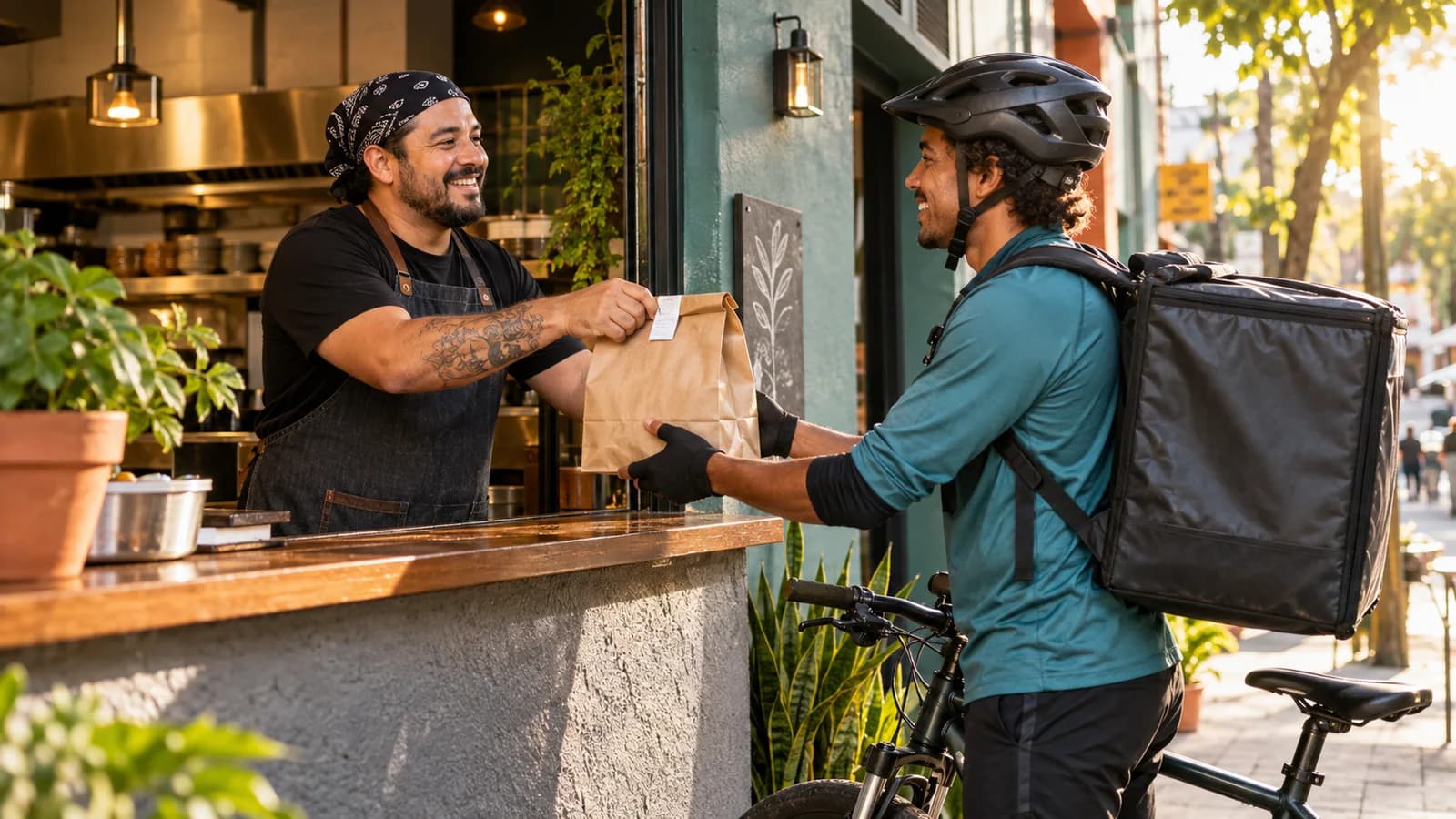 Restaurante entrega um pedido embalado a um entregador de bicicleta