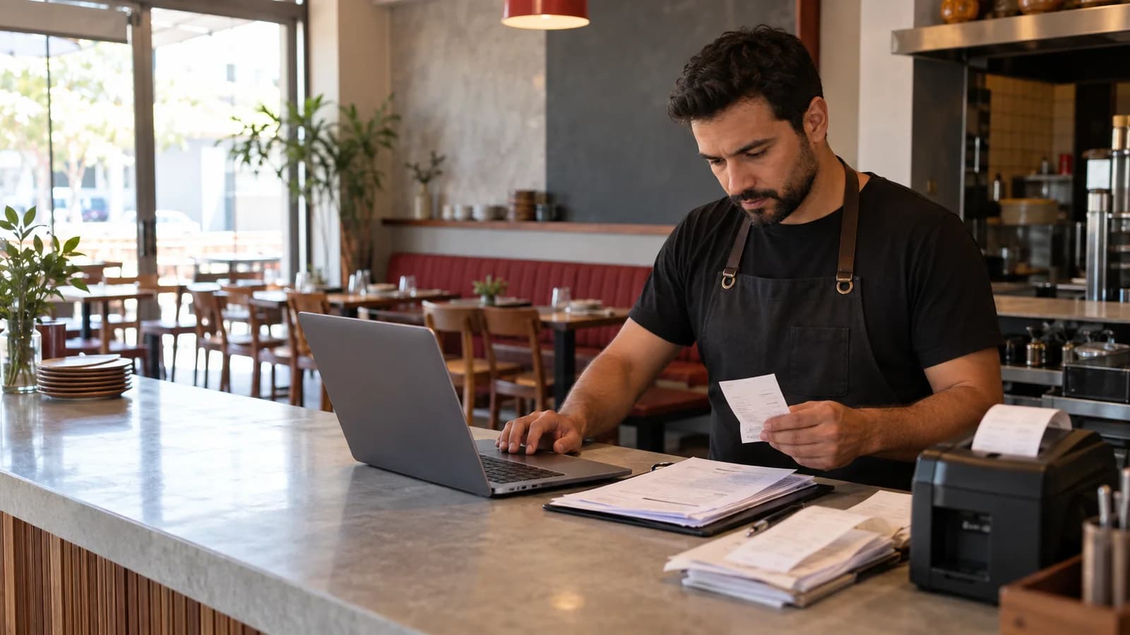 Dono de restaurante confere notas fiscais e recibos no computador