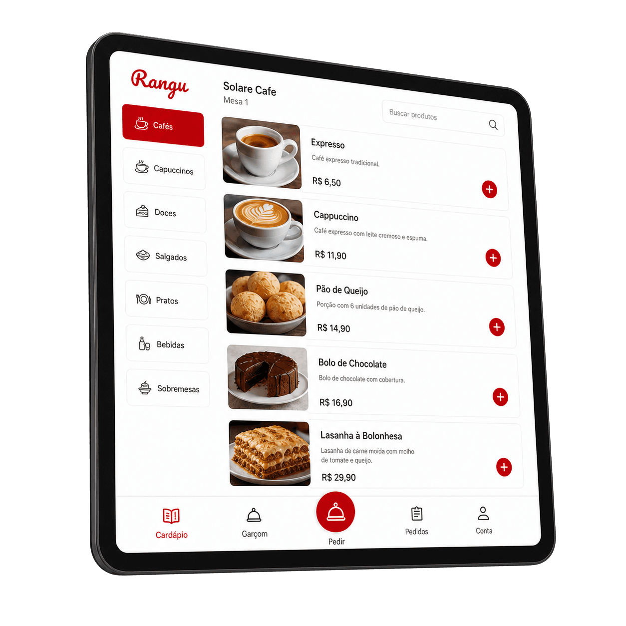 Cardápio digital no celular com categorias e produtos