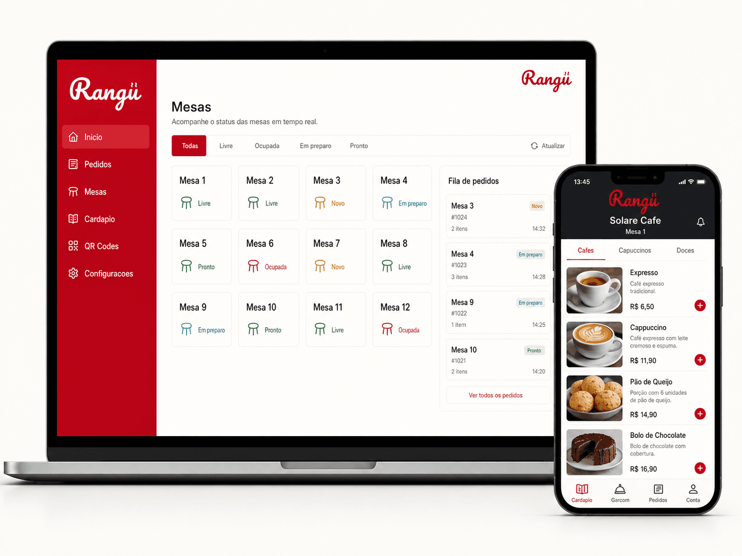 Rangu no painel do restaurante e no cardápio digital do cliente